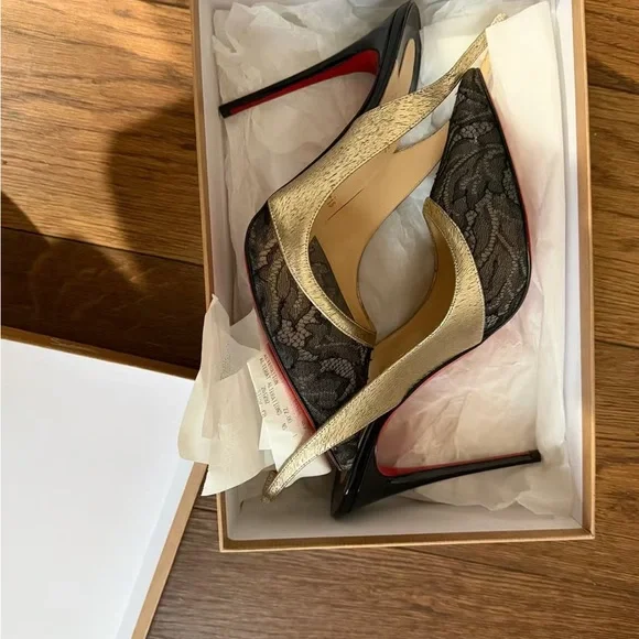 Christian Louboutin Black Lace and Metallic Gold Slingback Pumps - Picture 10 of 11